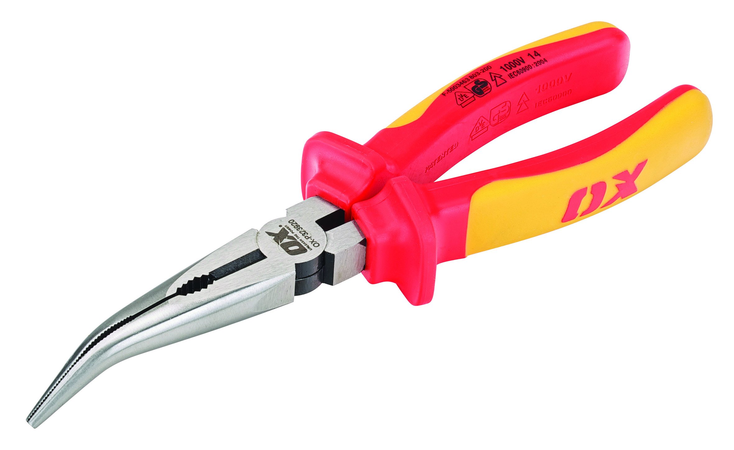 OX Pro VDE Bent Long Nose Pliers - 200mm (8")