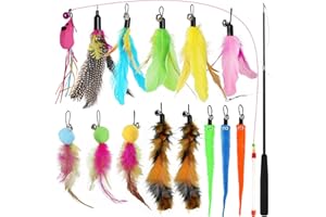 WD&CD Cat Feather Toy Set 16-Pack, Interactive Toys with 2 Wands & 14 Replacement Feather Teaser with Bell for Kitten Or Cat 