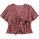 RoseSeek Women's Boho Floral Peplum Top Tie Front Ruffle Hem V Neck Blouses Babydoll Tops