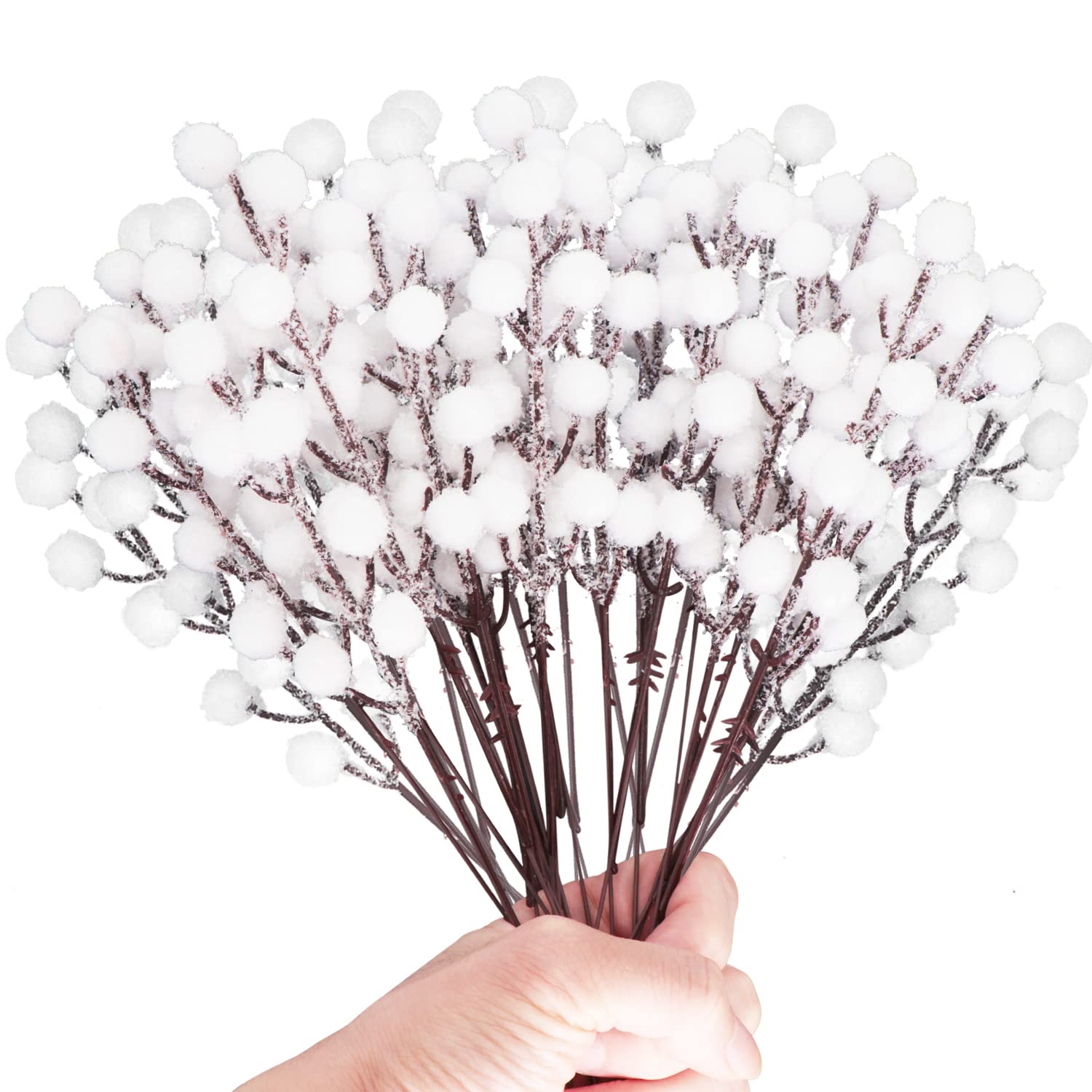 KKSTY 16 Pieces Artificial White Berry Stems 7.8 Inch Snowy Berries Picks Christmas Tree Sprays for Xmas Decorations DIY Crafts Wreath Making Supplies Winter Season Home Party Décor (White)