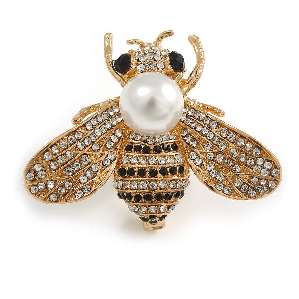 Stunning Clear/Black Crystal White Glass Pearl Bead Bee In Gold Tone - 40mm Wide