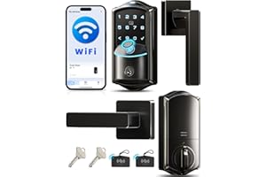 Veise VE027-L Built-in WiFi Smart Lock with Lever Handles, Fingerprint keyless Entry Door Lock Set, App Remote Control, Electronic Deadbolt for Front Door,Touchscreen Keypad, Auto Lock, Matte Black