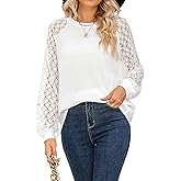 CUPSHE Blouse for Women Long Sleeve Lace Crewneck Shirts Fall Cute Solid Color Business Tunic Clothes