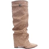 FJQNXGY Knee High Boots for Women Fold Over Knee High Boots Chunky Heel Pointed Toe Suede Long Boots With Side Zipper Tall Boots for Winter Fall