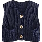 KEOMUD Women's Sleeveless Cropped Knit Cardigan Casual Button Down Crochet Sweater Vest Tops with Pockets