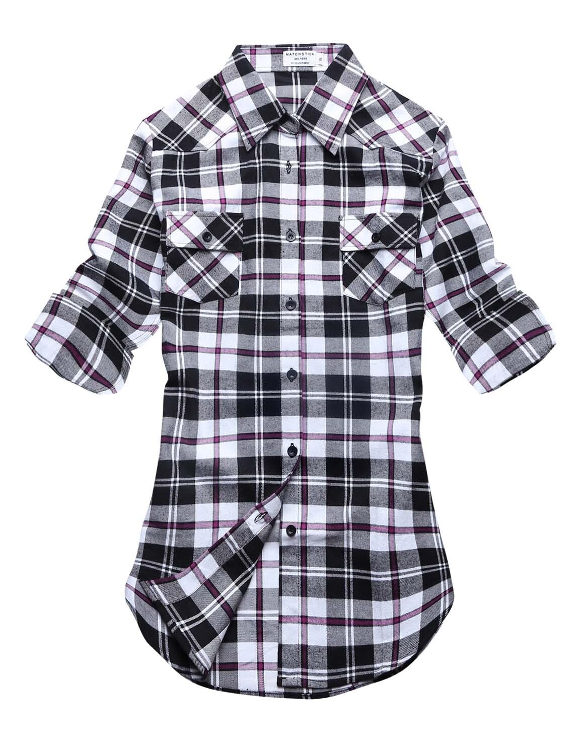 Match Womens Button Down Flannel Plaid Shirts roll