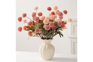 trytuny Fake Fall Flowers for Vase, Faux Silk Kiku Mums, Artificial Pom pom Floral Bouquets Indoor Centerpiece Office Coffee Table Boho Home Decorations (9, Mixed Orange)