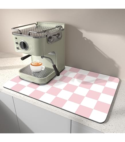 Checkered Dish Drying Mat - Pink 12x19 Inch, Absorbent Vegan Leather, Anti-Slip Back, For Kitchen Counter & Coffee Bar