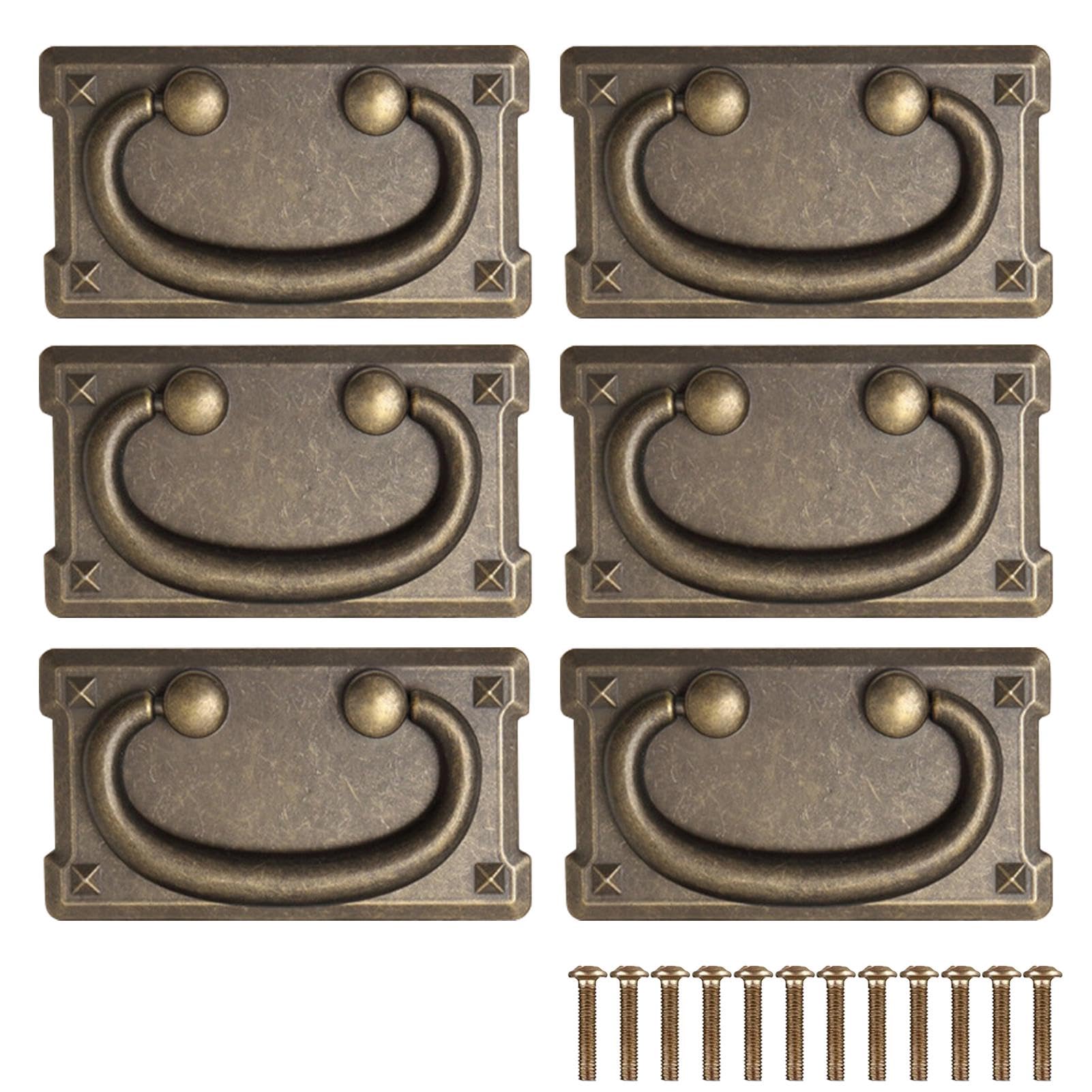 6pcs Antique Brass Pull Handle - Retro Rectangle Drawer Handles Vintage for Cabinets and Cupboards (3.83x2.04inch)
