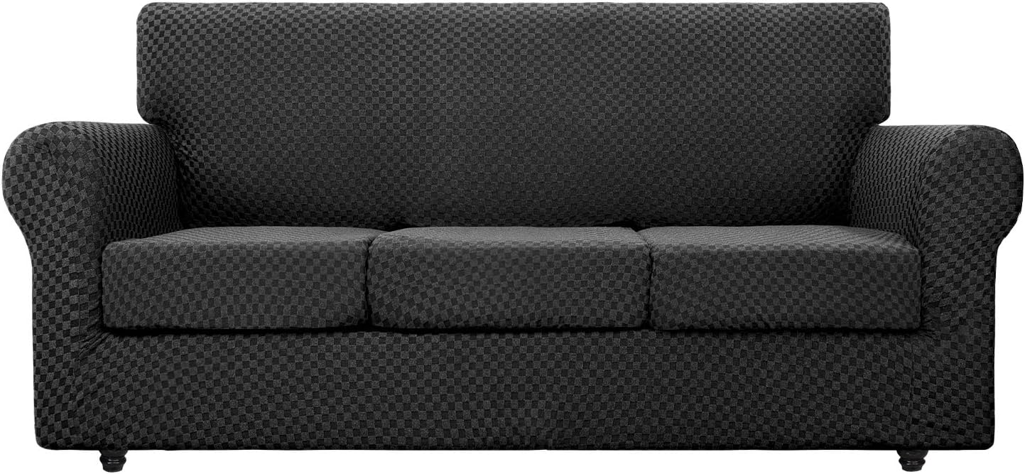 Chelzen 4 Piece Extra Large Sofa Cover Modern Double-Color Oversized Couch Covers for 3 Cushion Couch Stretch Linen-Like Slipcovers Dogs Pets Furniture Protector (XL-Sofa, Charcoal Black Checkered)