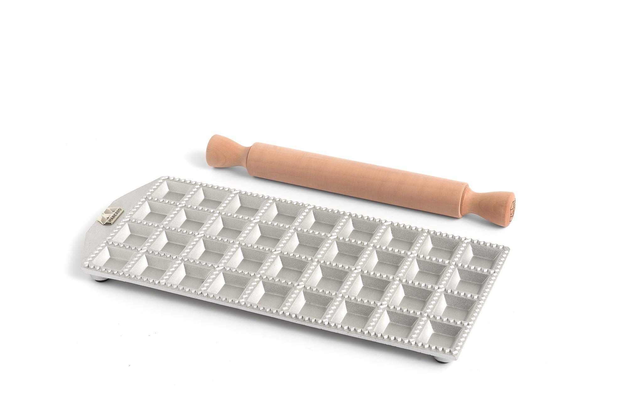 Marcato Ravioli Maker Press, Ravioli Machine, Homemade Ravioli Cutter, 35 mm Square Cut, Space for Generous Filling, Wooden Rolling Pin Included, Made in Italy