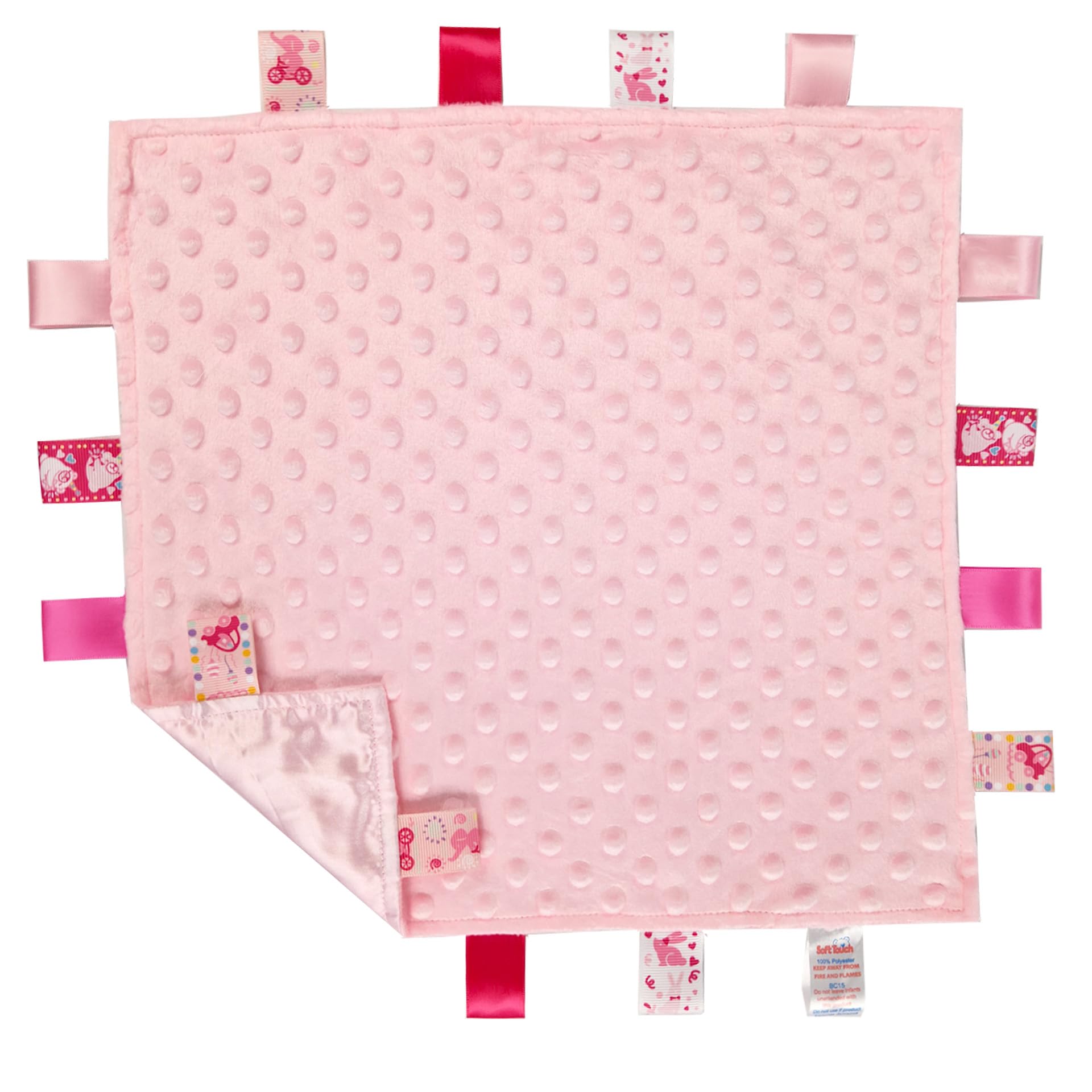 Soft Touch Taggie Comforter Baby Comfort Blanket With Sensory Tags and Bubble - Foil Print Pattern BC15 (Pink), 35 x 35 CM