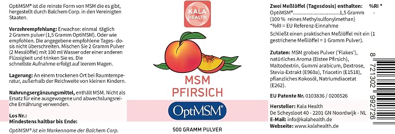 OptiMSM Pulver Pfirsichgeschmack – 100% Reines MSM Schwefelpulver – Natürliches Methylsulfonylmethan – Mit Echtem Pfirsicharoma aus Natürlichen Aromen – Ohne Zusätze (500)
