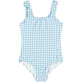 LIZENS Girls' Swimwear One Piece Scoop Neck Swimsuit Blue Plaid Cute Beach Bathing Suit for Kids