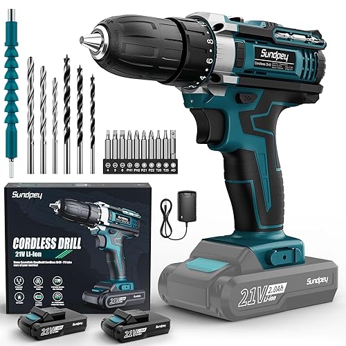 Sundpey Cordless Drill Set 21V - Power Drill Driver - Electric Screwdriver with 2 Batteries 2.0Ah & LED Light & Spirit Level & 18+1 Torque (Max 45N.m) & 2 Speed for Home DIY Project Blue