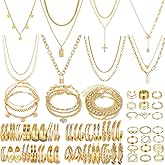 HaHaGirl Stocking Stuffers Gold plate and Silver Plated Jewelry Sets Stocking Stuffers for Women Costume Jewelry Chain Necklace Bracelet Earrings and Rings Sets for Women Bulk Jewelry