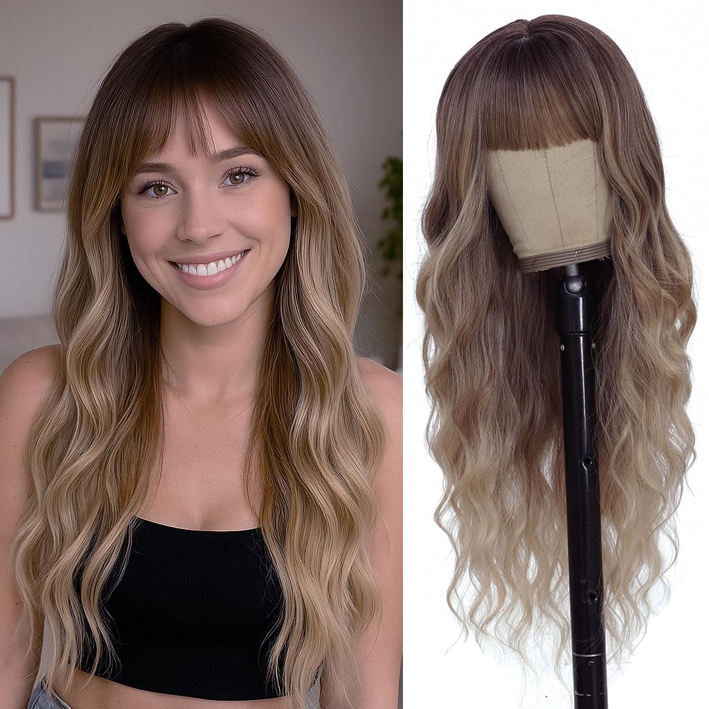 Photo 1 of Long Blonde Highlights Wigs with Bangs 26Inch Wavy Curly Hair for Women Tangle Free Soft Natural Looking Premium Heat Resistant Protein Fiber Daily Party Use