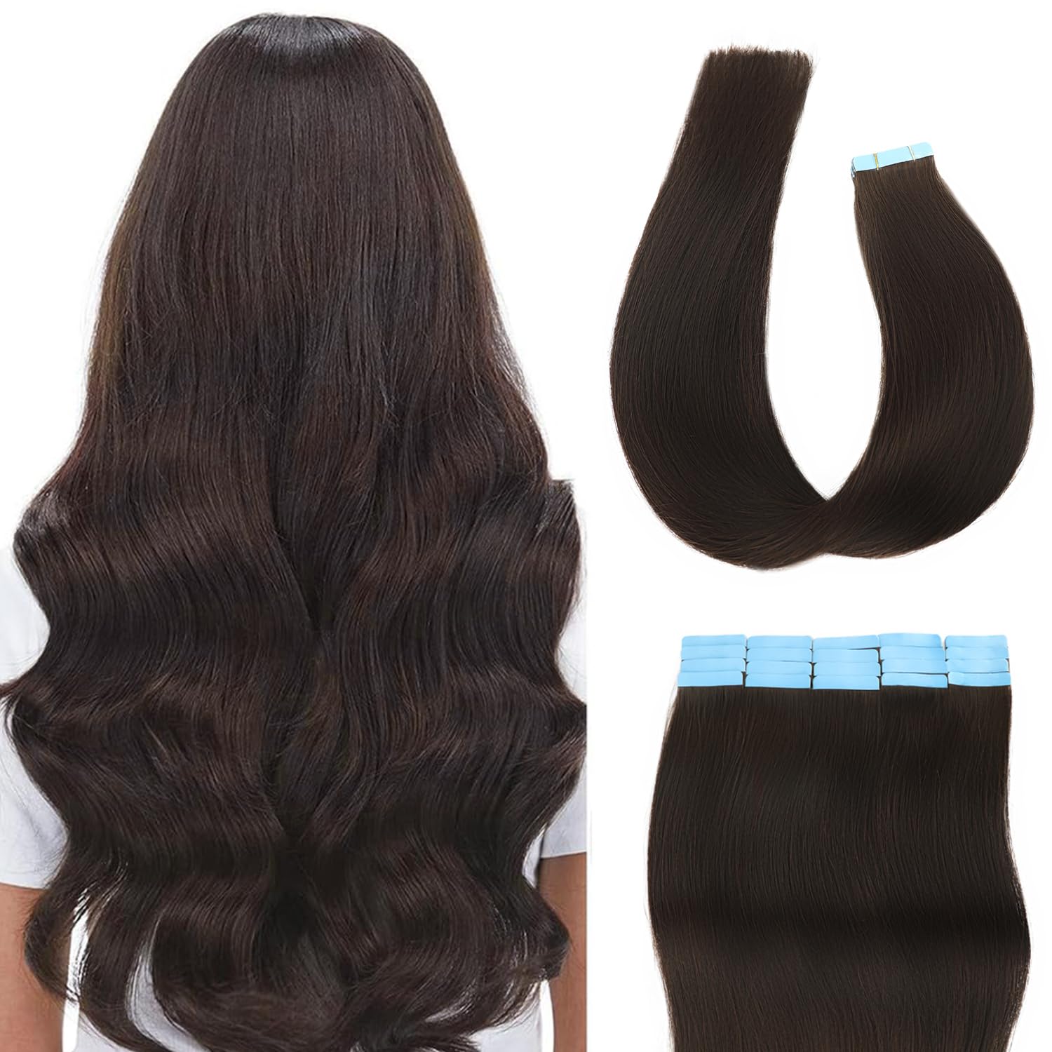 Dark Brown Tape in Hair Extensions Straight 24 inch Thick Remy Tape in Hair Extensions Human Hair 100% Real Human Hair 20pcs