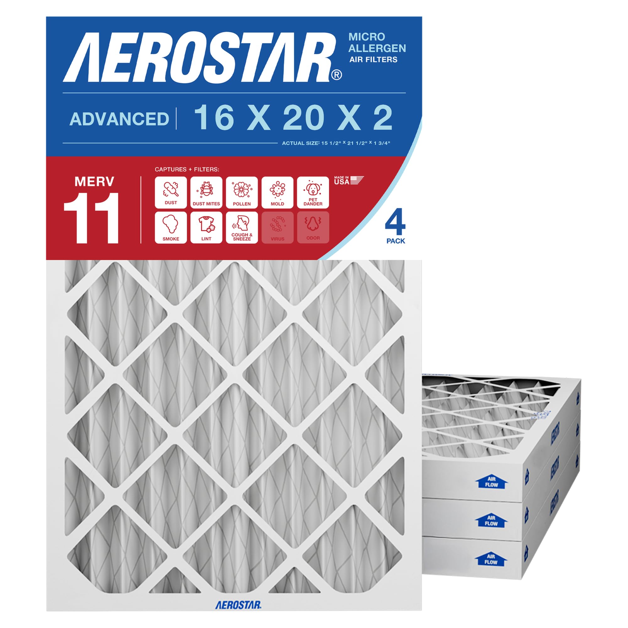 Aerostar 16x20x2 MERV 11 Air Filter, 4 Pack Set of HVAC Furnace Filters, Electrostatic MPR 1000-1200 & FPR 7 (Actual Size: 15 1/2 x 19 1/2 x 1 3/4 inches) Image