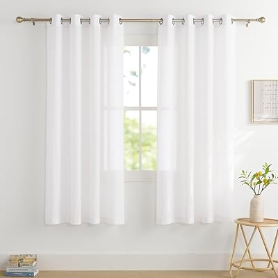 PONY DANCE Linen Look Voile Curtains White 52x54 Set of 2 Eyelet Top
