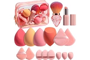 BS-MALL 14 Pcs Portable Makeup Sponge Set With Diamond-shaped Kabuki Powder Brush - Beauty Blender Sponge, Triangle Puff And Multi-functional Sponges For Liquid, Cream,With Travel Case (Orange Pink)