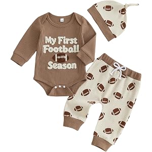 DSOKUHIB Newborn Baby Boy Clothes Football Outfits Embroidered Waffle Long Sleeve Romper Pants Hat Fall Winter 3 Piece Set