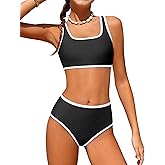 NECIOUS Teen Girls Swimsuits Two Piece Sporty Bikini Sets Color Contrast Trim Adjustable Straps Swimsuit with Chest Pad
