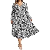 CARCOS Women's Plus Size Boho Floral Fall Dress Long Sleeve V Neck Wedding Guest Cocktail Party Flowy Midi Dress XL-5XL