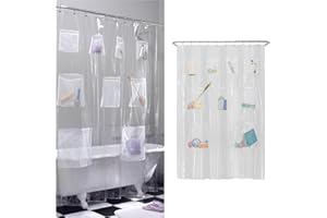 Zenna Home Waterproof Shower Curtain Liner with 9 Storage Pockets, 70 x 72 Inch, PEVA Shower Liner for Bathroom Storage, Shower Curtain Organizer with Rustproof Grommets, Clear