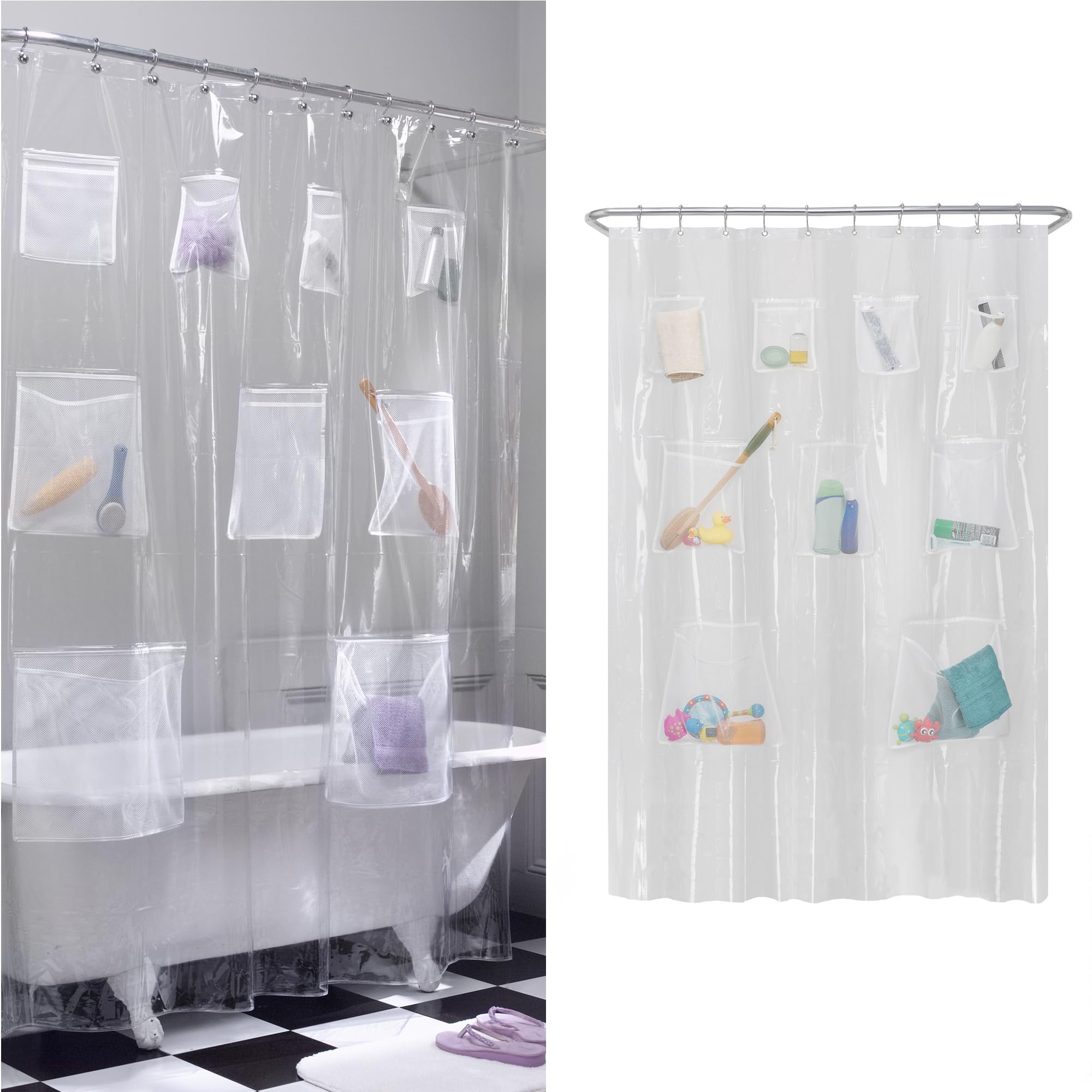 Zenna Home PEVA Shower Curtain and Bath Organizer with 9 Storage Pockets, Ethylene Vinyl Acetate, 70" W x 72" L (Pack of 1)