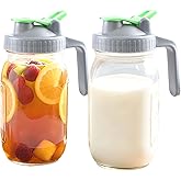 Mason Jar Pitcher With Pour Lid 32 Oz Glass Breast milk Storage Jug 1 Quart Wide Mouth Glass Tea Pitcher With Handle Creamer Container For Fridge Juice, Cold Brew Coffee,Lemonade,Beverage 2 Set