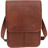 Genuine Vintage Leather Crossbody Messenger Bag, Slim Vertical Messenger Bag Fits 13 Inch Laptop, Unisex Shoulder Bag with Adjustable Straps and Brass Accessories, Brown