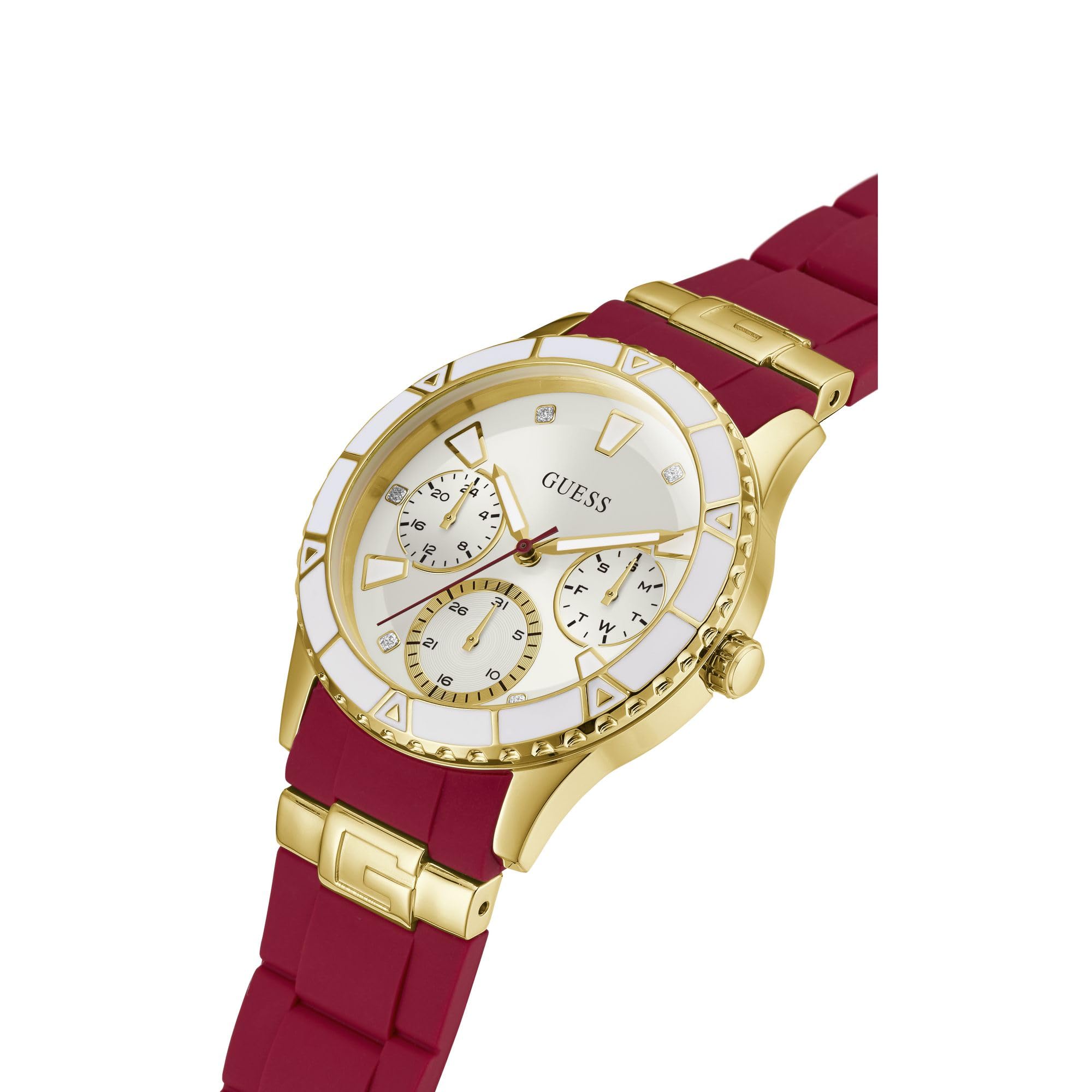GUESS Women's Gold-Tone + Iconic Red Stain Resistant Silicone Watch