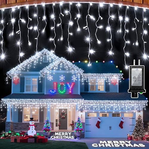 XIKENGSHQ 612 LED 60FT Icicle Christmas Lights - 136 Drops Waterproof 12 Modes Memory Timer, Outdoor Hanging Roof Lights for Eaves Gutter Xmas Tree Holiday Decorations Cool White