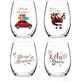 Slugeren Merry Christmas Decor - Set of 4 Stemless Wine Glasses 17Oz, Xmas Party Decor Snowman Gift Box Wine Glass, Let It Snow Wine Glass for Friends Family