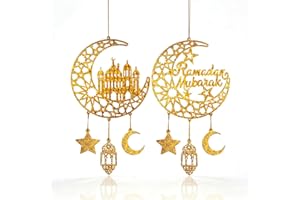 Ramadan Decorations, 2 Pcs Eid Mubarak Wooden Door Sign Hanging Signs Moon Star and Castle Ramadan Kareem Ornaments for Home 