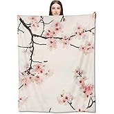 CUEBOS Cherry Blossom Flannel Throw Blanket 50x60 Inch, Elegant Branch with Soft Pink Flower Blankets Soft Cozy Fleece Throws for Floral Lover Bed Sofa Dorm Living Room Minimalist Decor Gifts