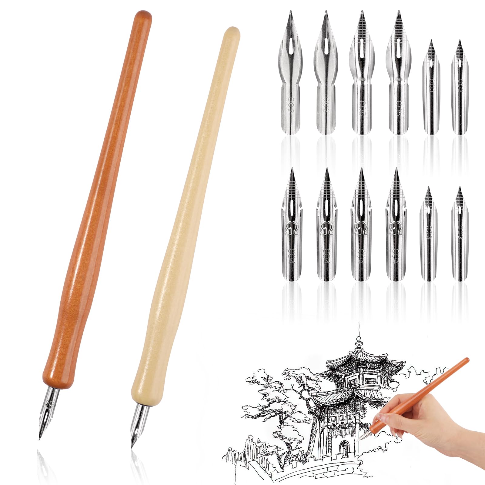 Dip Pen, 14Pcs Comic Comic Dip Pen with 2 Pen Hold and 12 Nibs, Calligraphy Pen Set for Drawing, Writing,Lettering and Sketch Cartoon, 4 Szies Nibs