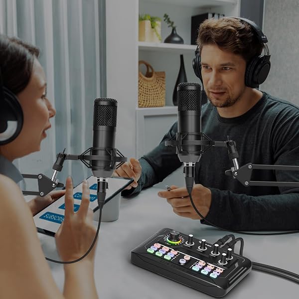 PODCAST EQUIPMENT BUNDLE FOR 2, AUDIO MIXER WITH 3.5MM PODCAST MICROPHONE, VOICE CHANGE DJ MIXER FOR LIVE STREAMING SINGING GAMING (P900)