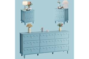 Anbuy Bedroom Set 3 PCS Scalloped 9 Drawer Dresser and Night Stand Sets for Bedroom, Two Drawers Nightstand Set of 2 & Scalloped 9 Drawer Dresser Combo 3 Pieces (Blue)