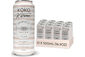 Koko & Karma – Prebiotic Coconut Water with Lychee – All Natural with No Added Sugars, Pure Coconut Water & Lychee Juice – 12 Pack - 16.9 Ounce Cans