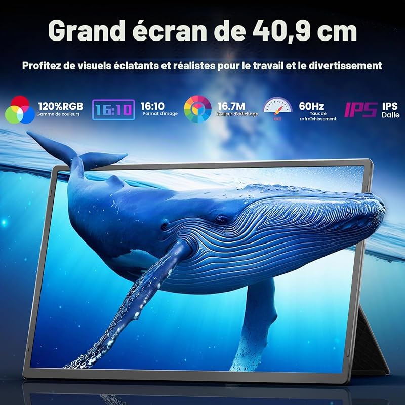 Écran Portable pour Ordinateur Portable, 16" FHD IPS, USB‑C HDMI Plug & Play, Compatible Mac Windows Chrome pour Ordinateur 13‑17"