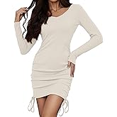 GAMISS Womens Long Sleeve Dress Ruched Bodycon Midi Dress V Neck Formal Dresses