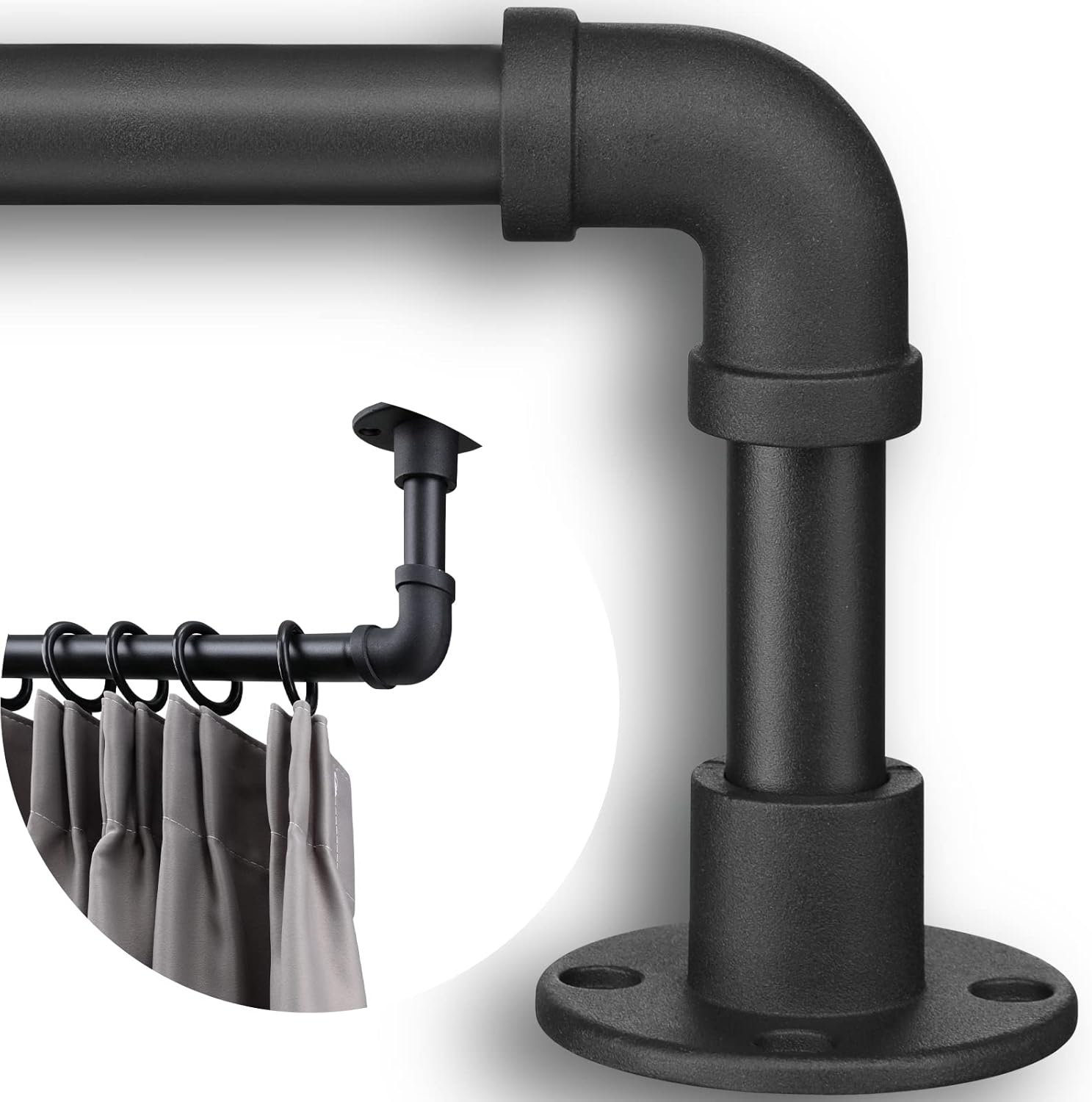 Window Treatment Hardware - Industrial Matte Black Pipe Curtain Rod for Windows 48 to 84 inch - 1 Inch Heavy Duty Blackout Curtain Rod Set for Patio, Room Divider - Outdoor Rustic Wrap Around