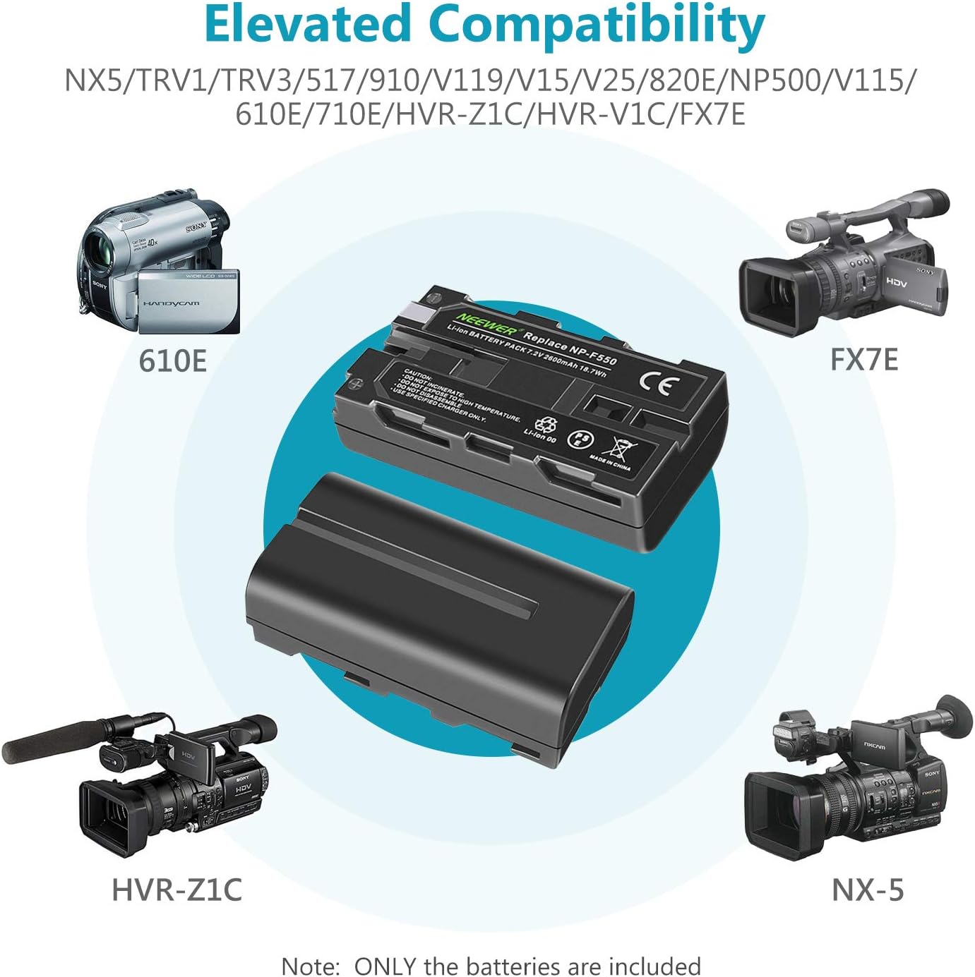 Neewer NP-F550 Battery Charger Set for Sony NP-F970 F750 F960 F530 F570 CCD-SC55 TR516 TR716 and More (2-Pack 2600 mAh Replacement Camera Batteries, Micro USB and Type-C Input Dual Charger): Home Audio & Theater