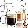 Double Walled Glass Coffee Mugs 12 oz, Glass Coffee Cups Set of 4 with Spoons, Clear Coffee Mug with Handles for Hot Beverages, Cappuccino, Latte, and Tea Bags.