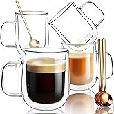 Double Walled Glass Coffee Mugs 12 oz, Glass Coffee Cups Set of 4 with Spoons, Clear Coffee Mug with Handles for Hot Beverages, Cappuccino, Latte, and Tea Bags.