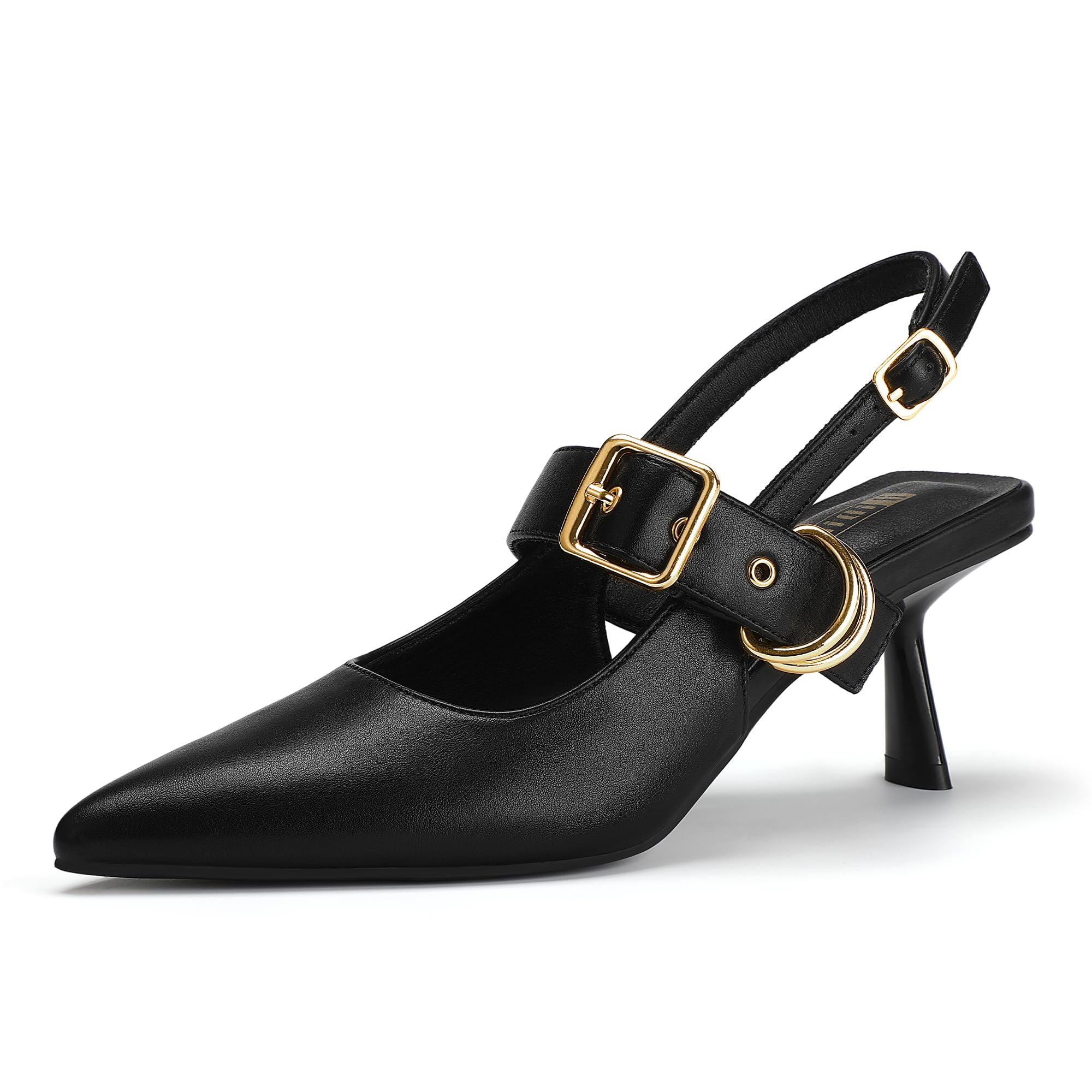 Photo 1 of (Black Pu, 7.5) IDIFU Black Kitten Heels Slingback Closed Pointed Toe Low Pumps Dress Shoes for Women Ladies Guest Comfortable Dressy Formal Trendy Office Work Business Buckle Heels Pumps(Black Pu, 7.5)