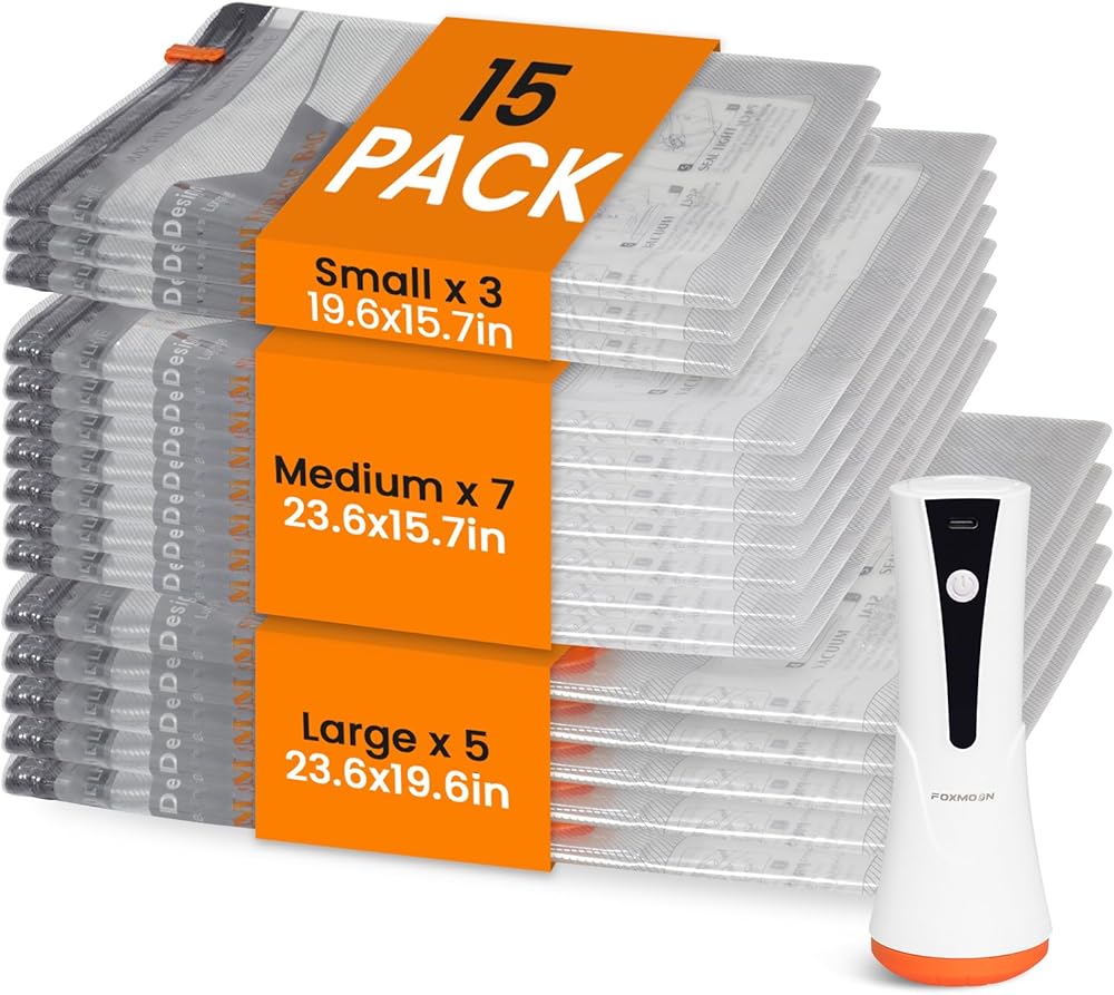 Vacuum Seal Bags for Clothing Travel with Rechargeable Cordless Pump, 15 Pack Compression Space Saver Bags for Packing, Lugga