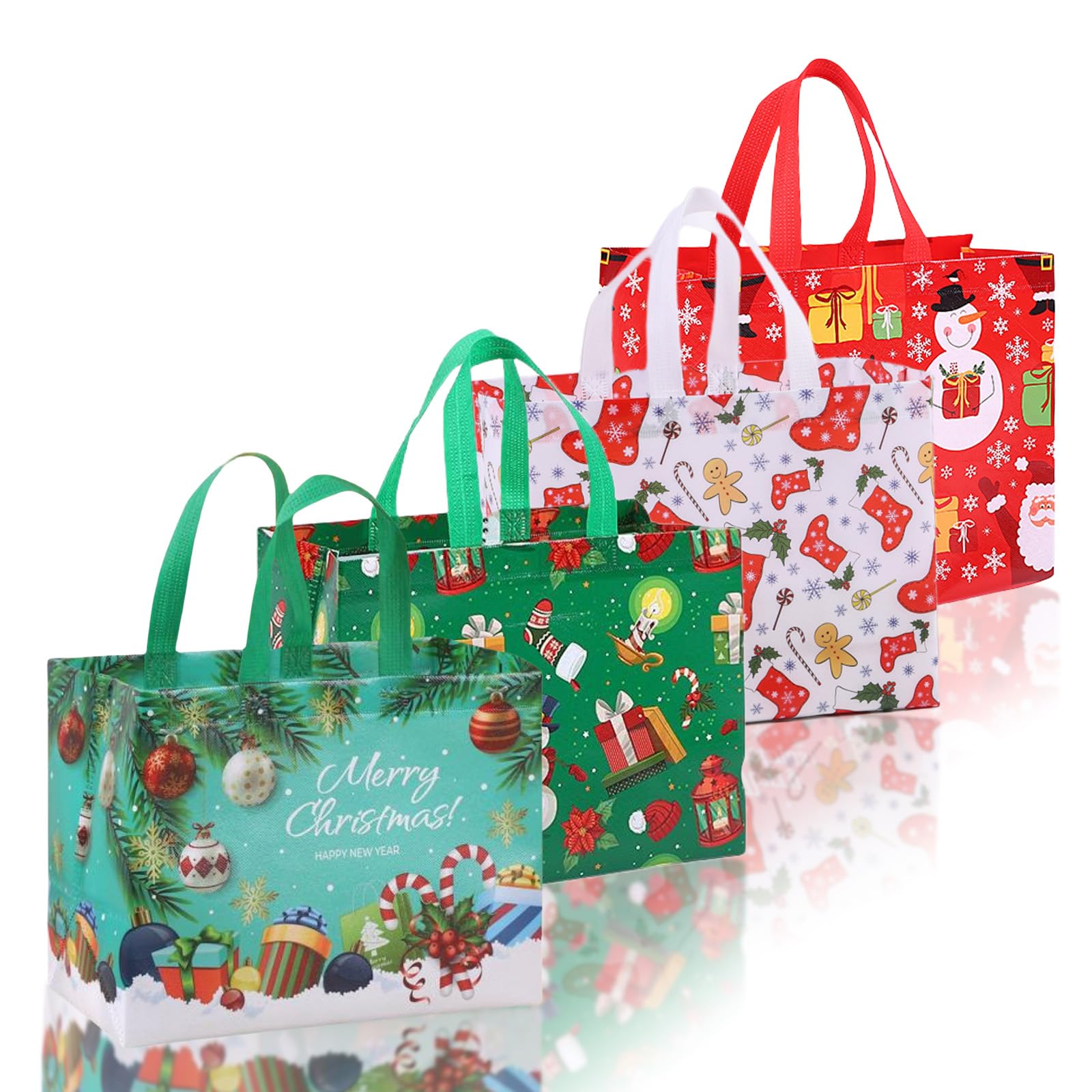 4Pcs Reusable Christmas Tote Bags with Handles Non-Woven Christmas Bags,Xmas Shopping Tote Bag For Present,32*25*17 cm Extra Large Xmas Gift Tote Bags for Christmas Party Favor Gift Bags Decorations
